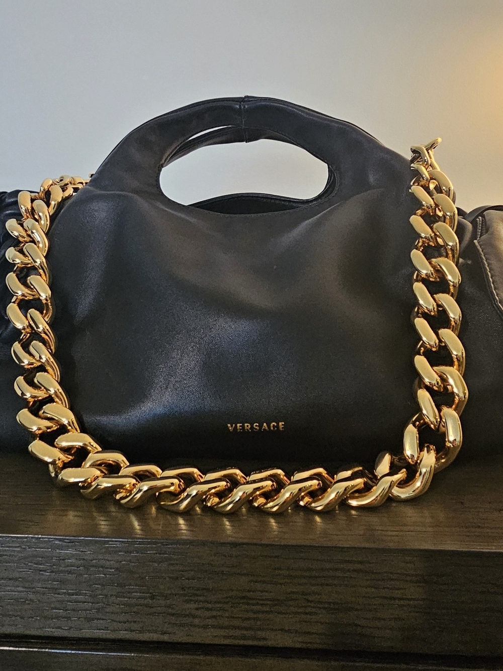 Versace Black Leather Shoulder Bag with Chunky Gold Chain